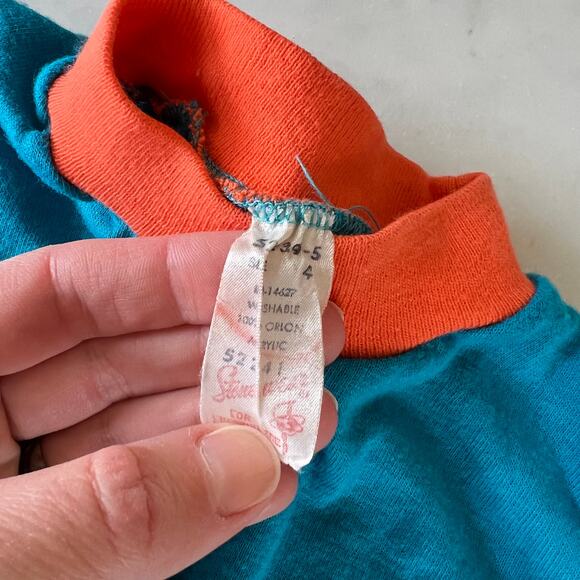 Vintage 70s Girl's Turquoise Flower Appliqué Long Sleeve Mock Neck Shirt - Picture 3 of 6